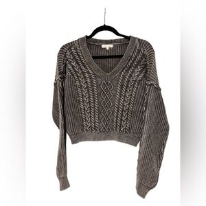 Ultra Flirt Junior Women's Cable-Knit Cropped Sweater Black Wash Gray Size Large